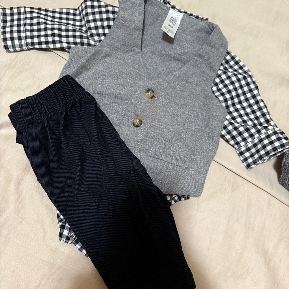 Gray Vest with Black Checkered Shirt and Pants Set